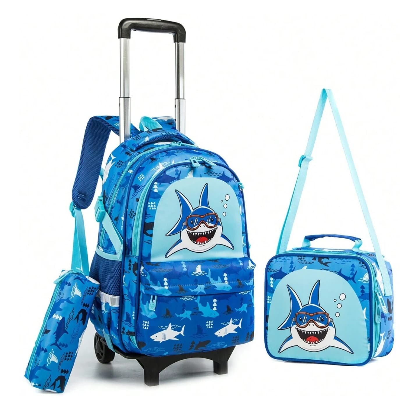 Kit Mochila Escolar Con Carro + Vianda + Cartuchera Shark Estampado Azul Marino — Jasminestar — imagen 1